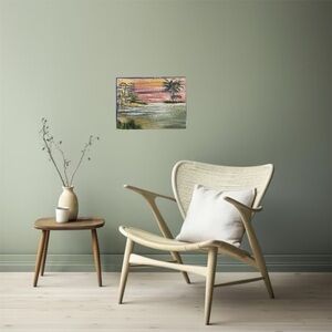 Original Sue Cannon painting #1 Orange Pink Green Palm Trees Water 12 x 9